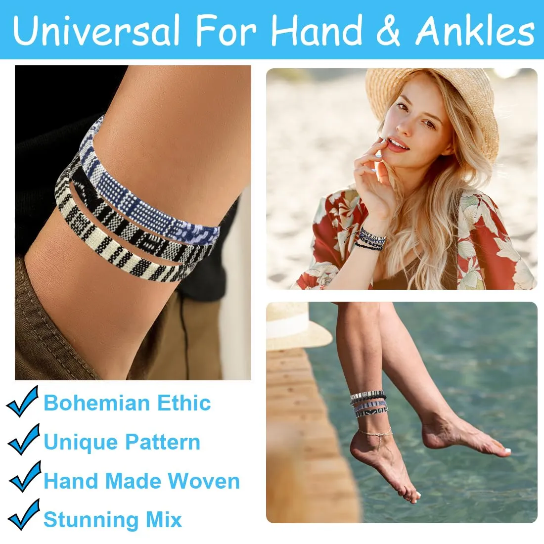 12pcs Surfer Beach Bracelet Set Men and Women, Bracelets For Men, Handmade Boho Bracelets Jewelry Wrap Bracelets Adjustable, Men'S And Women'S Anklet, String Rope Ankle Bracelet Christmas Gift