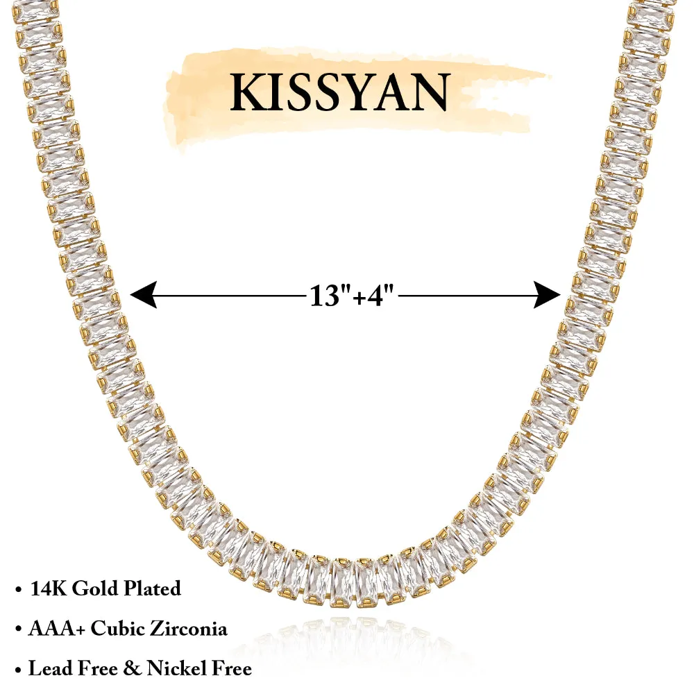 14K Gold Diamond Tennis Necklace CZ Baguette Tennis Chain- White Cubic Zirconia