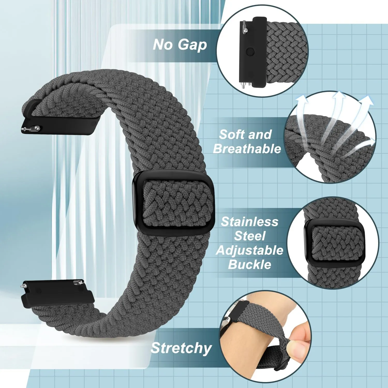 2 Pack Quick Release Braided Bands - 18mm 19mm 20mm 22mm 24mm Solo Loop Adjustable Soft Band for Women Men