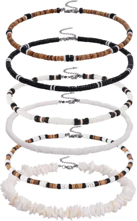 6Pcs Puka Shell Necklace Men Seashell Necklace Summer Beach Surfer Necklace for Men Women Hawaiian Necklace for Men White Necklace Beach Jewelry