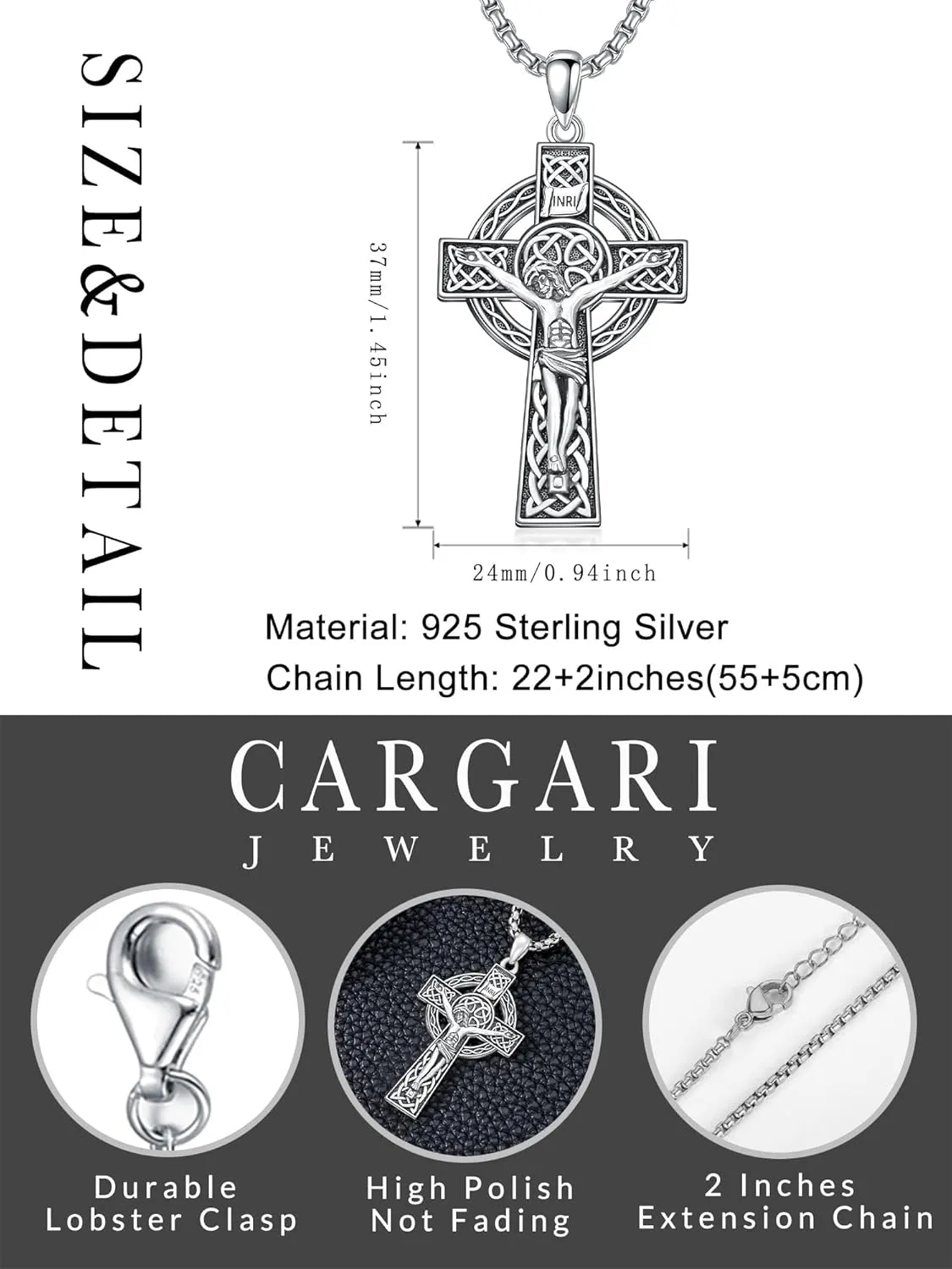 925 Sterling Silver Cross Pendant Necklace for Men Women Amulet Necklace Protection Jewelry Religious Gifts with 22" 2" Rolo Chain(With Gift Box)