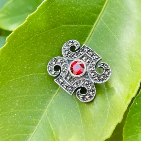 Art Deco Vintage Sterling Silver 925 Ornate Marcasite Red Gem Stone Pendant 5.6g