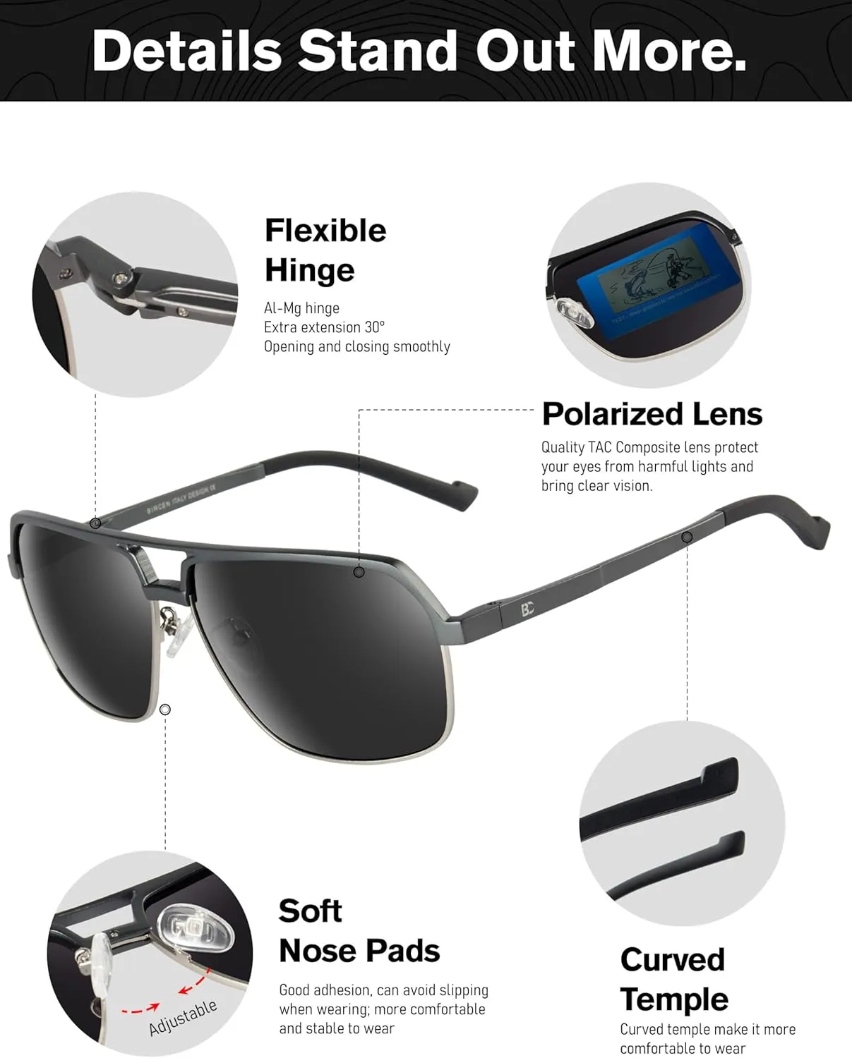 BIRCEN Polarized Sunglasses for Men - UV Protection Metal Square Trendy Shades with Classic Retro Style