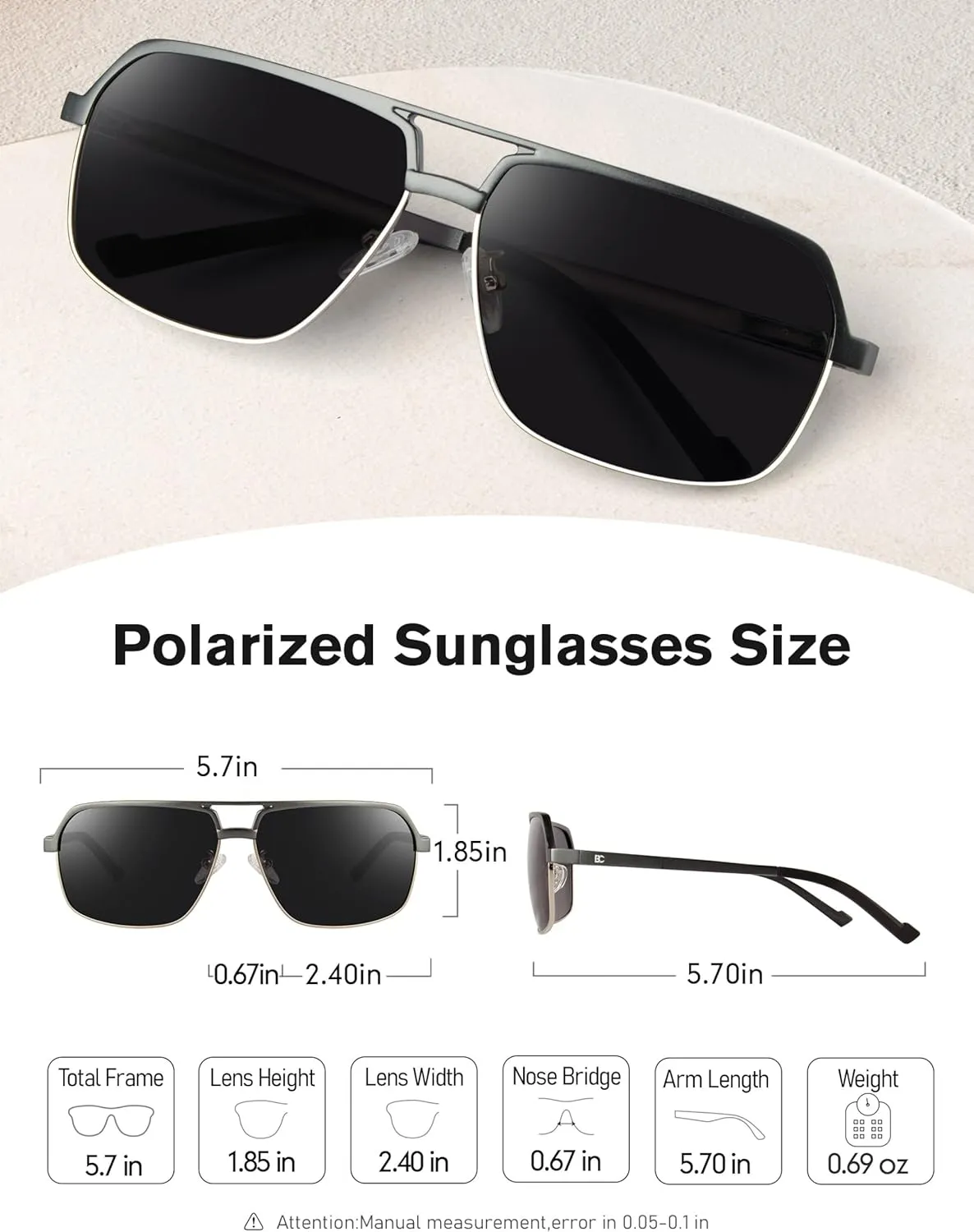 BIRCEN Polarized Sunglasses for Men - UV Protection Metal Square Trendy Shades with Classic Retro Style
