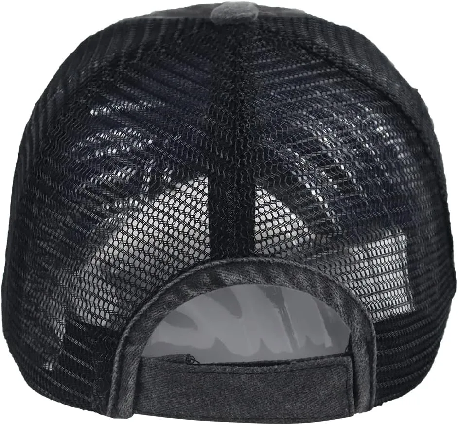 Camping Hair Don't Care Hat, Vintage Washed Distressed Mesh Baseball Cap