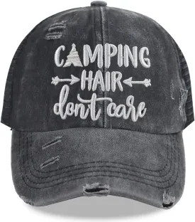 Camping Hair Don't Care Hat, Vintage Washed Distressed Mesh Baseball Cap