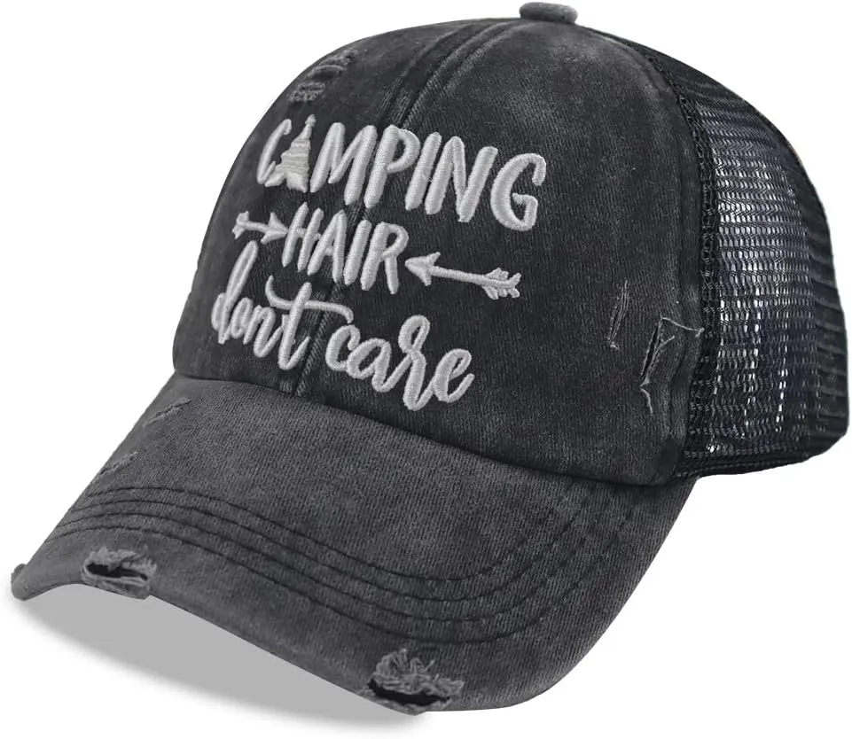 Camping Hair Don't Care Hat, Vintage Washed Distressed Mesh Baseball Cap