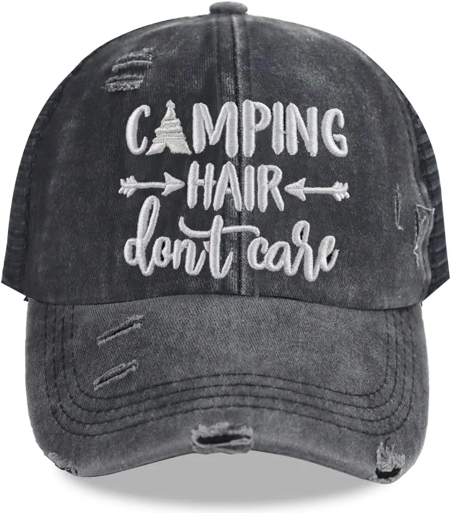 Camping Hair Don't Care Hat, Vintage Washed Distressed Mesh Baseball Cap