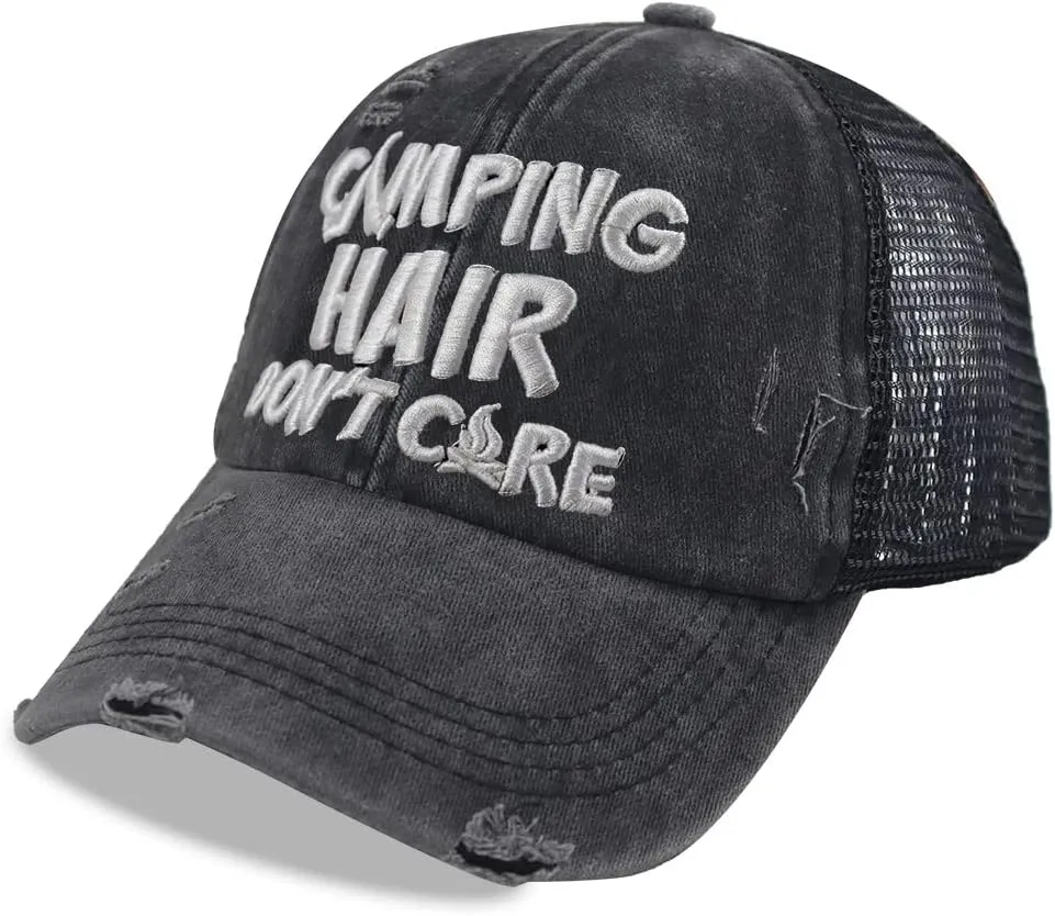 Camping Hair Don't Care Hat, Vintage Washed Distressed Mesh Baseball Cap