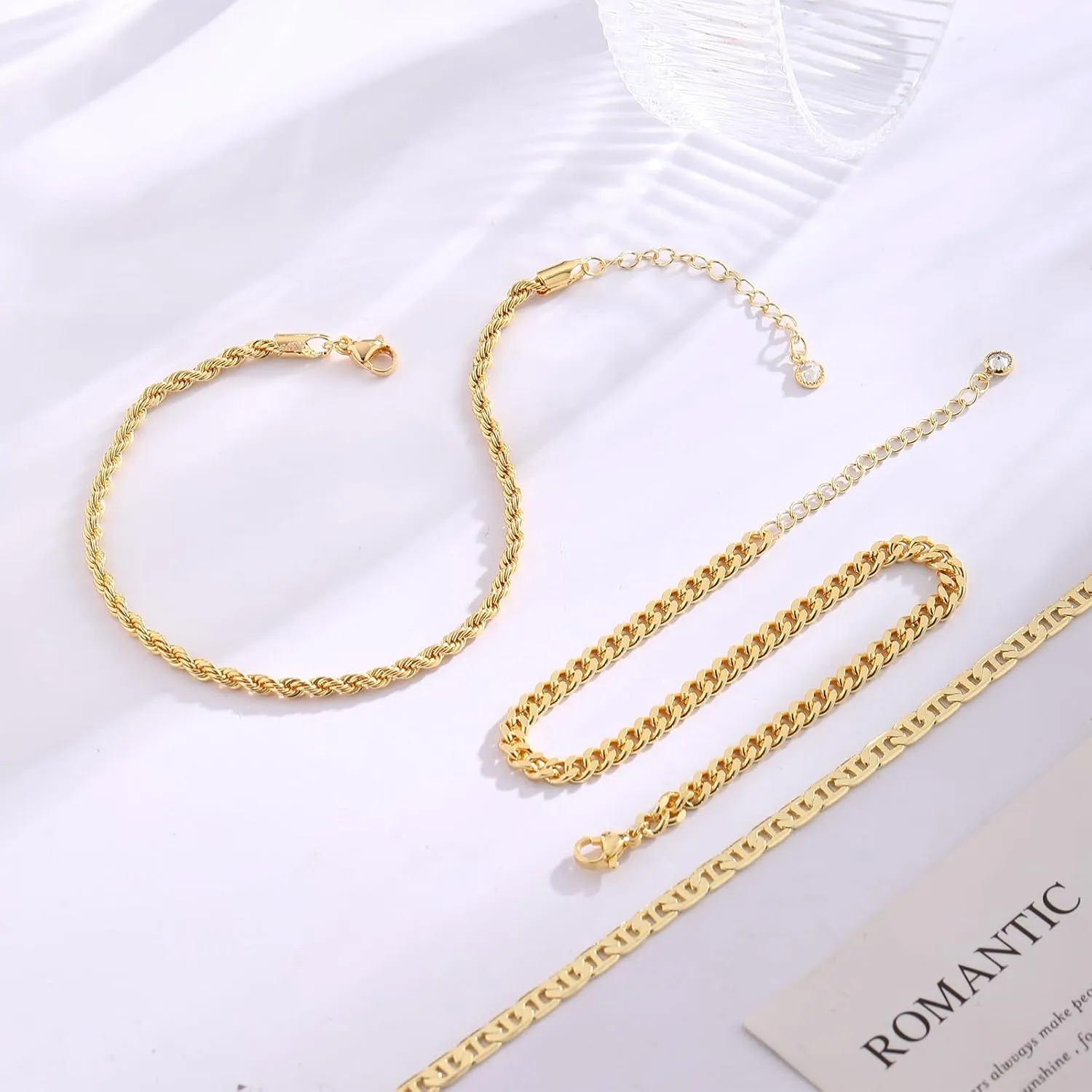 CAROVO Gold Ankle Bracelets for Women 14K Real Gold Plated Layered Anklet Waterproof Set Snake Sparkly Cuban Link Figaro Bead Paperclip Butterfly Chain Stackable Anklets Set Beach Jewelry for Women