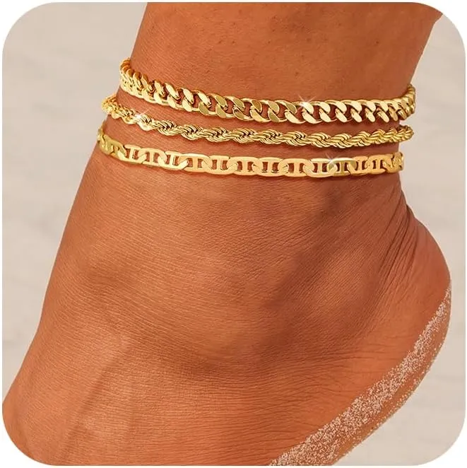 CAROVO Gold Ankle Bracelets for Women 14K Real Gold Plated Layered Anklet Waterproof Set Snake Sparkly Cuban Link Figaro Bead Paperclip Butterfly Chain Stackable Anklets Set Beach Jewelry for Women