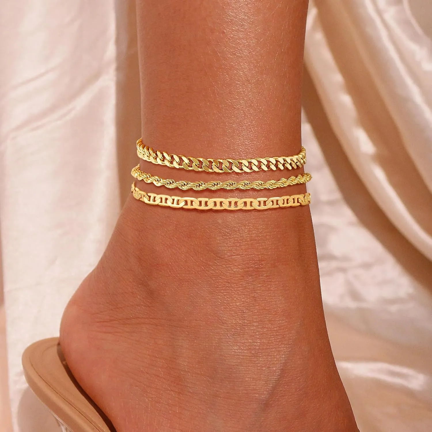 CAROVO Gold Ankle Bracelets for Women 14K Real Gold Plated Layered Anklet Waterproof Set Snake Sparkly Cuban Link Figaro Bead Paperclip Butterfly Chain Stackable Anklets Set Beach Jewelry for Women