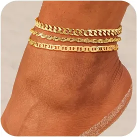 CAROVO Gold Ankle Bracelets for Women 14K Real Gold Plated Layered Anklet Waterproof Set Snake Sparkly Cuban Link Figaro Bead Paperclip Butterfly Chain Stackable Anklets Set Beach Jewelry for Women