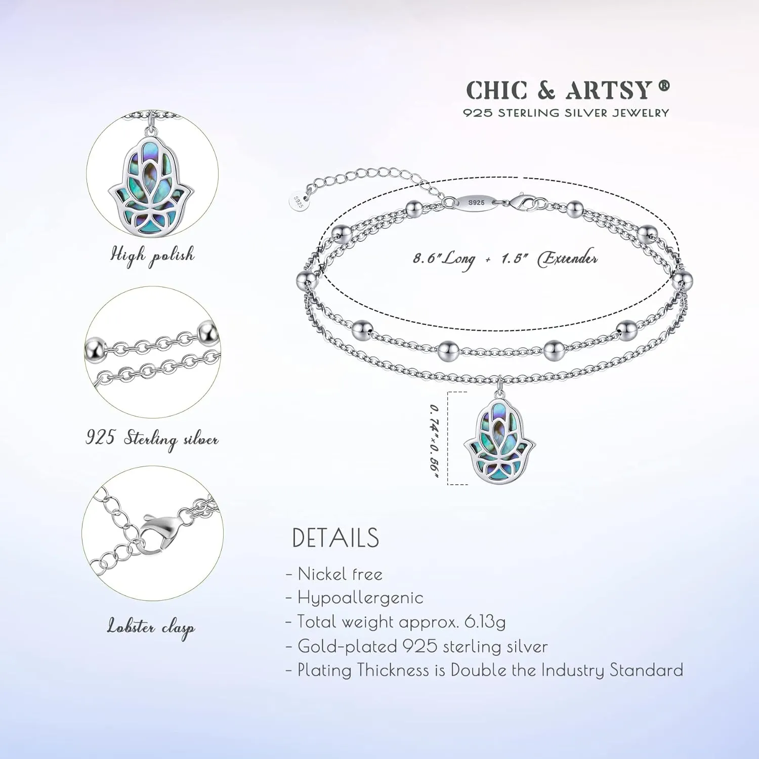 CHIC & ARTSY Dainty Anklets S925 Sterling Silver Summer Layered Anklet Bracelet Adjustable Multilayer Beach Anklet Bracelet Foot Jewelry for Women 10-11 Inches