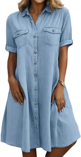 chouyatou Women's Summer Short Sleeve Denim Shirt Dress Business Casual Button Down Midi Long Jean Dress