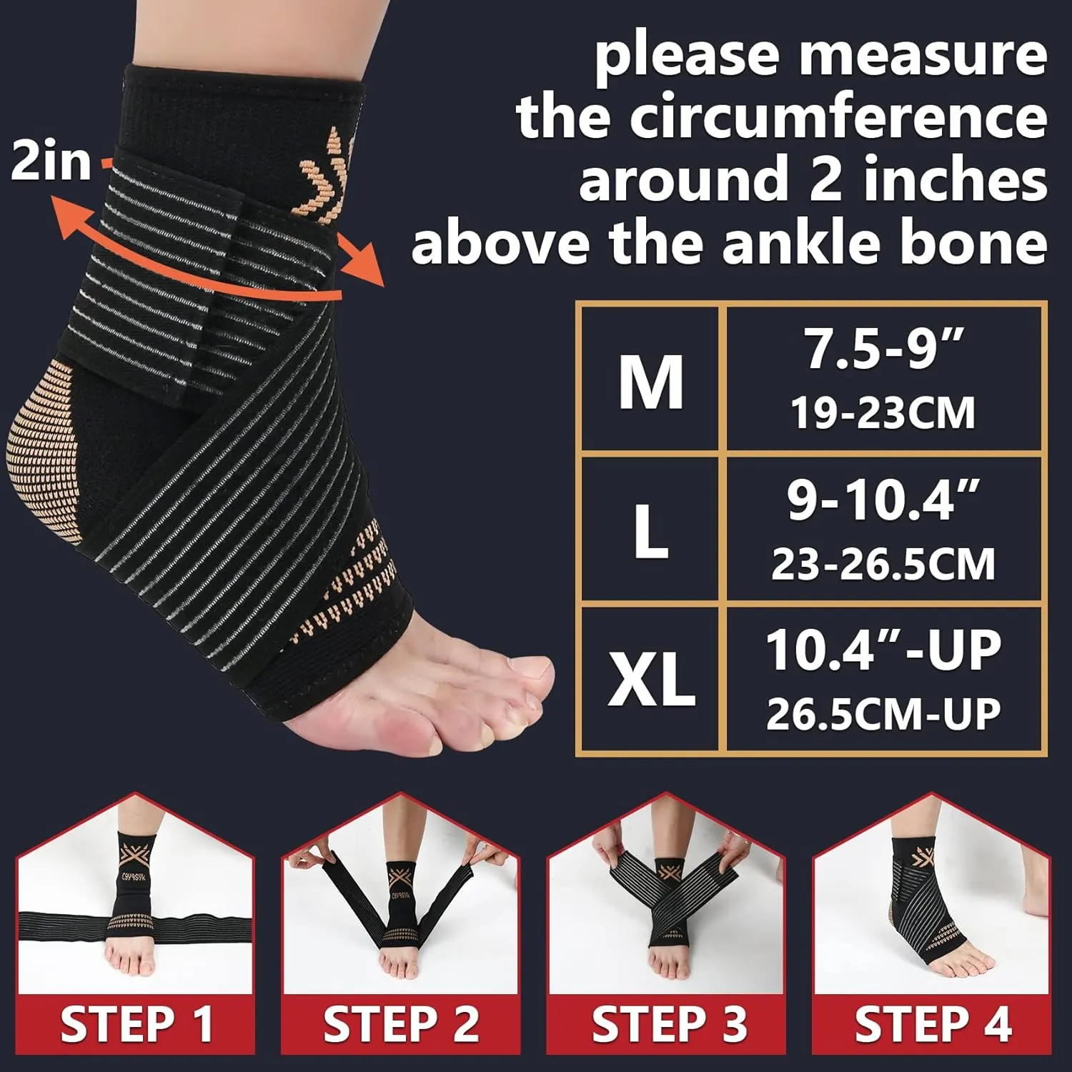 Copper Ankle Brace Compression Sleeve for Women & Men - Adjustable Strap for Arch Support - Plantar Fasciitis Brace for Sprained Ankle, Achilles Tendonitis Pain, Injury Recovery, RunningL