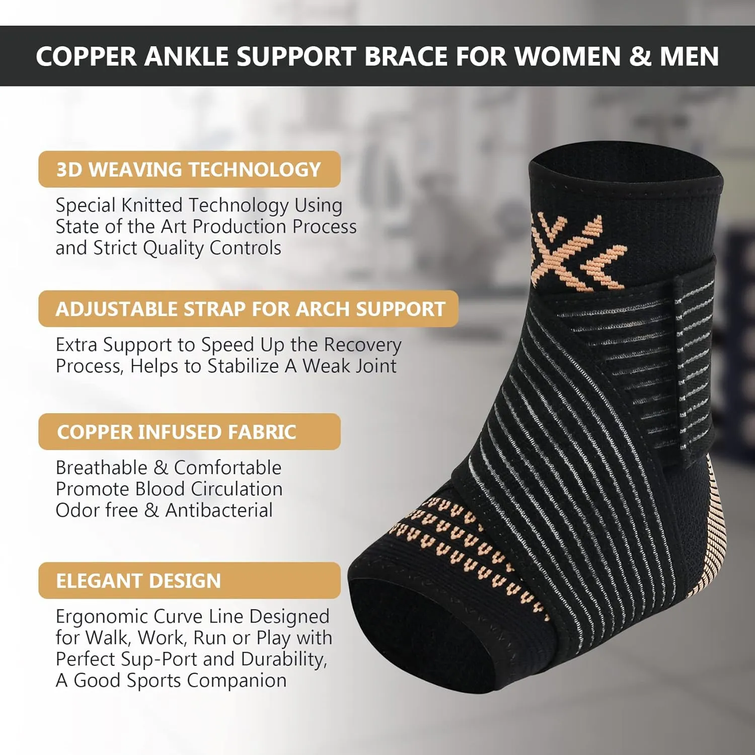 Copper Ankle Brace Compression Sleeve for Women & Men - Adjustable Strap for Arch Support - Plantar Fasciitis Brace for Sprained Ankle, Achilles Tendonitis Pain, Injury Recovery, RunningL
