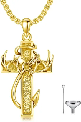 Cross Urn Necklace for Ashes Fish Hook Antler Cremation Pendant 925 Sterling Silver Nail Cross Memorial Jewelry Engraving Name Keepsake Gifts for Men Dad Husband