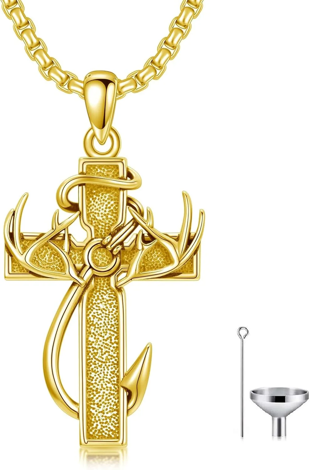 Cross Urn Necklace for Ashes Fish Hook Antler Cremation Pendant 925 Sterling Silver Nail Cross Memorial Jewelry Engraving Name Keepsake Gifts for Men Dad Husband