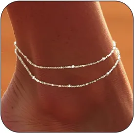 DEARMAY Dainty Layered Silver Ankle Bracelets for Women Waterproof, S925 Sterling Silver Plated Anklets for Women Jewelry Cute Chain Link Anklets Set Pack Summer Beach Gift Teen
