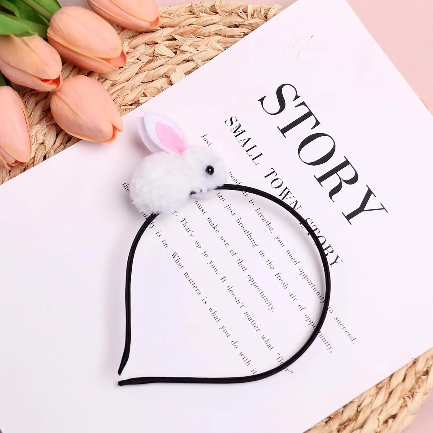 Easter Headbands Bunny Hair Bands for Women Girls Kids, Cute White Rabbit Pink Ears Hair Accessories Easter Day Decoration Headdress Party Supplies Gift Hair Hoop 1 Pcs