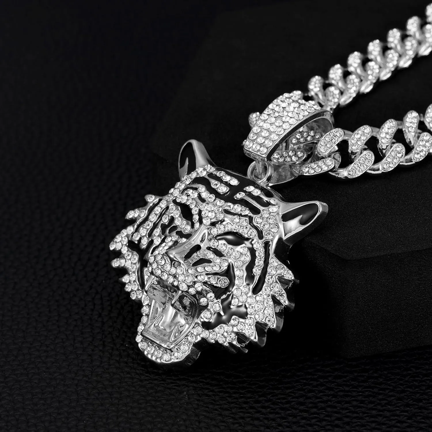 EDINGM Cuban Link Necklace, Miami Iced Out Chain Necklace, Tigers Pendant Hip-Hop Jewelry for Men Women