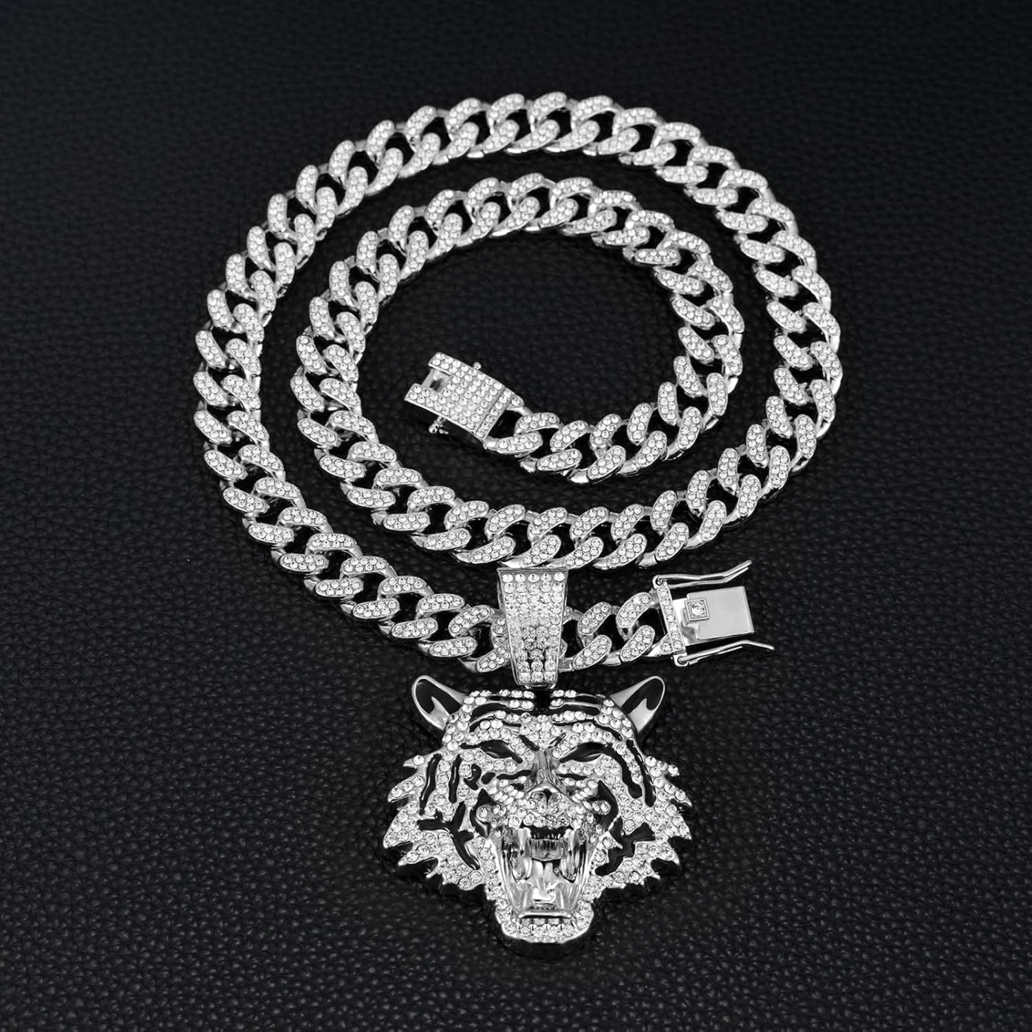 EDINGM Cuban Link Necklace, Miami Iced Out Chain Necklace, Tigers Pendant Hip-Hop Jewelry for Men Women