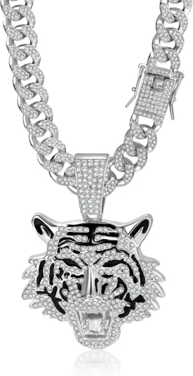 EDINGM Cuban Link Necklace, Miami Iced Out Chain Necklace, Tigers Pendant Hip-Hop Jewelry for Men Women