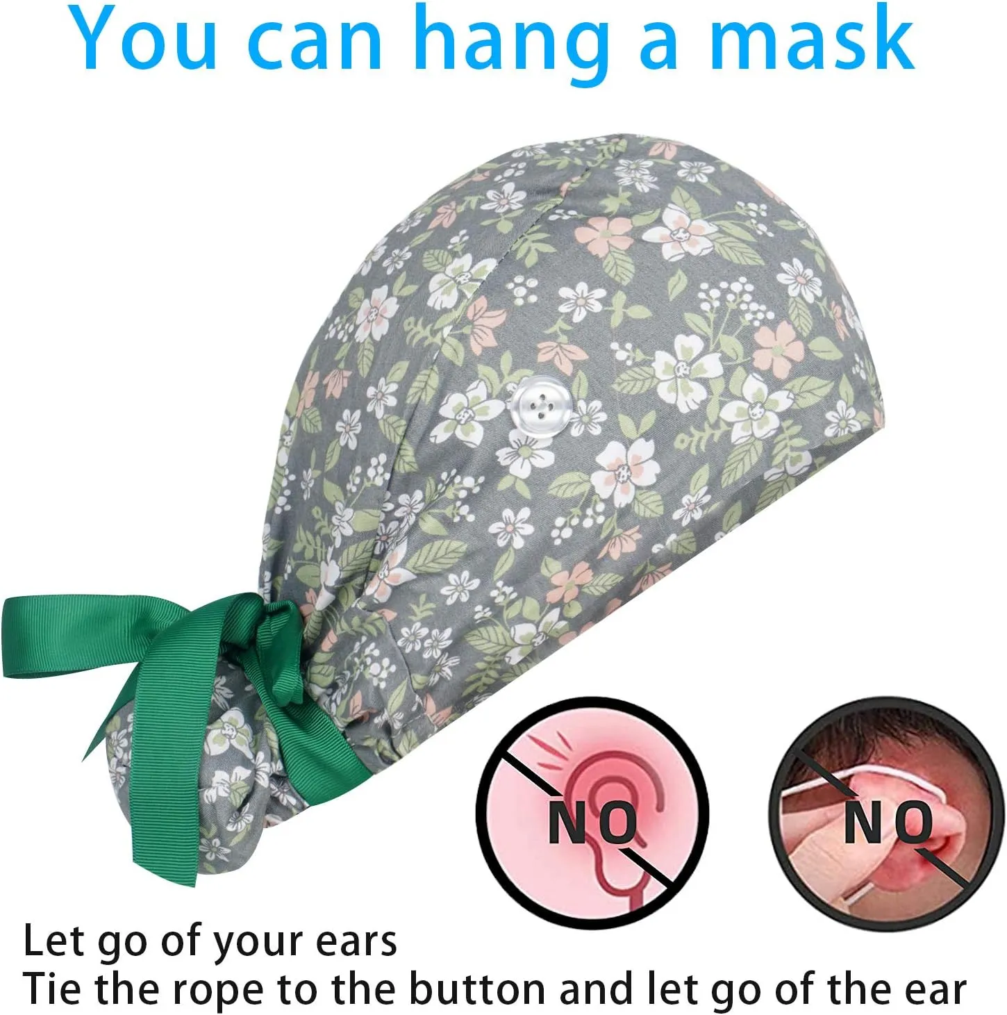 FADACHY Scrub Caps Women,Ponytail Holder Working Cap with Buttons Ribbon Tie for Laies,Surgical Nurse Cap Long Hair