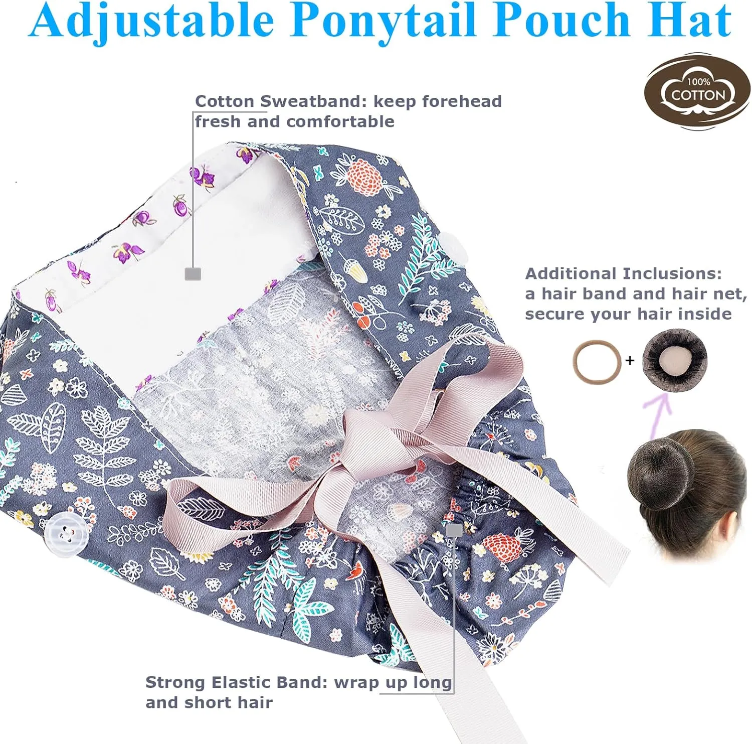 FADACHY Scrub Caps Women,Ponytail Holder Working Cap with Buttons Ribbon Tie for Laies,Surgical Nurse Cap Long Hair