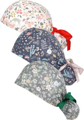 FADACHY Scrub Caps Women,Ponytail Holder Working Cap with Buttons Ribbon Tie for Laies,Surgical Nurse Cap Long Hair