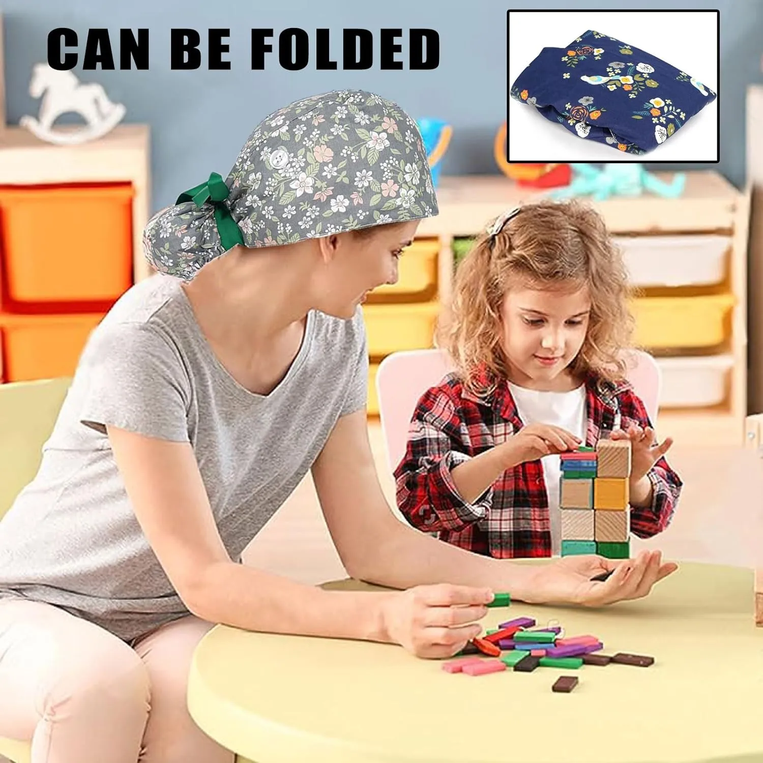 FADACHY Scrub Caps Women,Ponytail Holder Working Cap with Buttons Ribbon Tie for Laies,Surgical Nurse Cap Long Hair