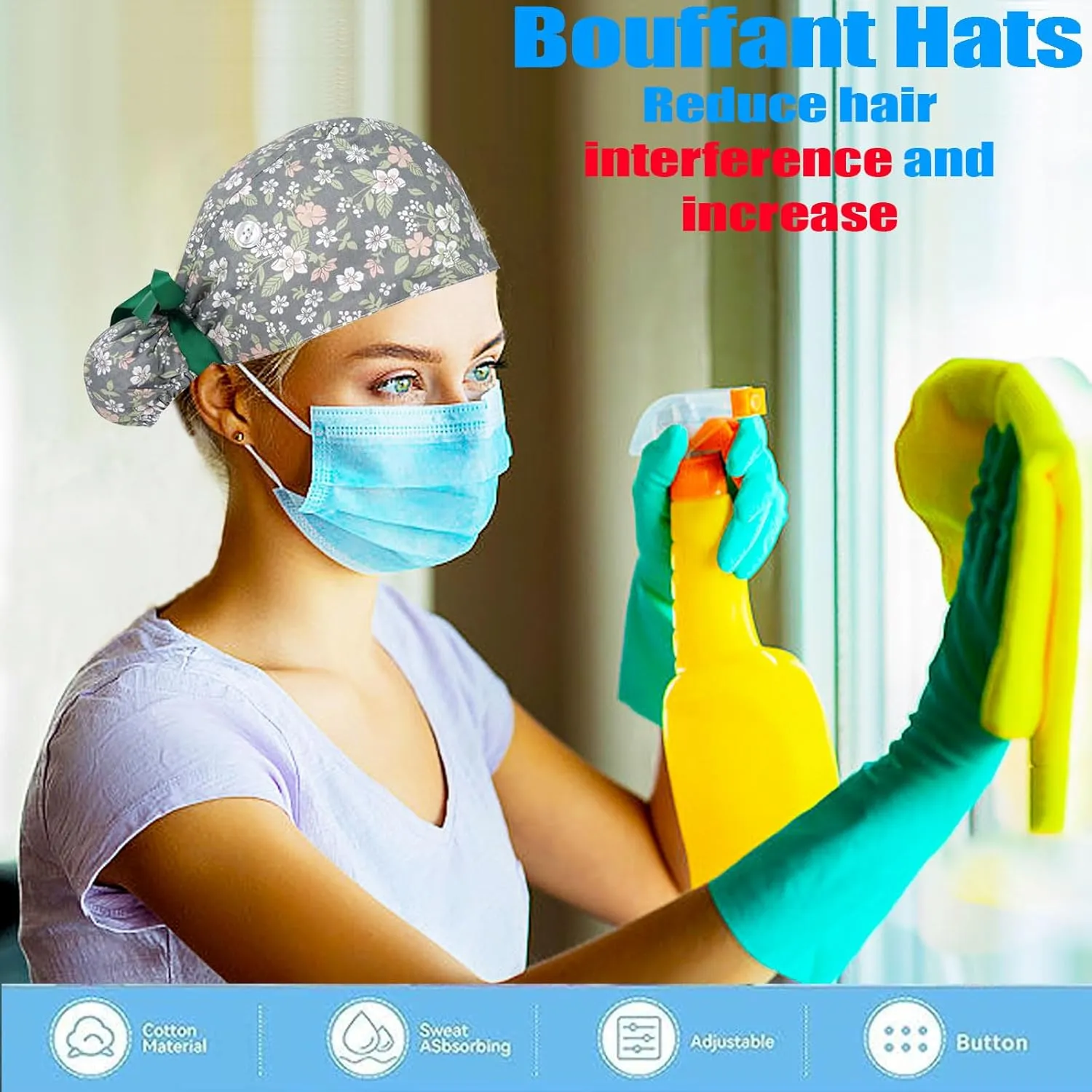 FADACHY Scrub Caps Women,Ponytail Holder Working Cap with Buttons Ribbon Tie for Laies,Surgical Nurse Cap Long Hair