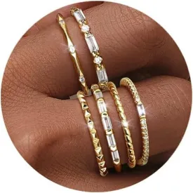 FIBO STEEL Gold Rings for Women Non Tarnish Dainty Stackable Ring Set Cubic Zirconia Wedding Band Promise Bands for Her Women's Jewelry Size 5-10