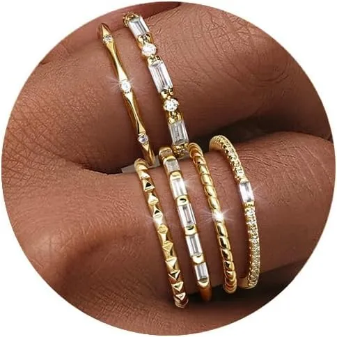 FIBO STEEL Gold Rings for Women Non Tarnish Dainty Stackable Ring Set Cubic Zirconia Wedding Band Promise Bands for Her Women's Jewelry Size 5-10