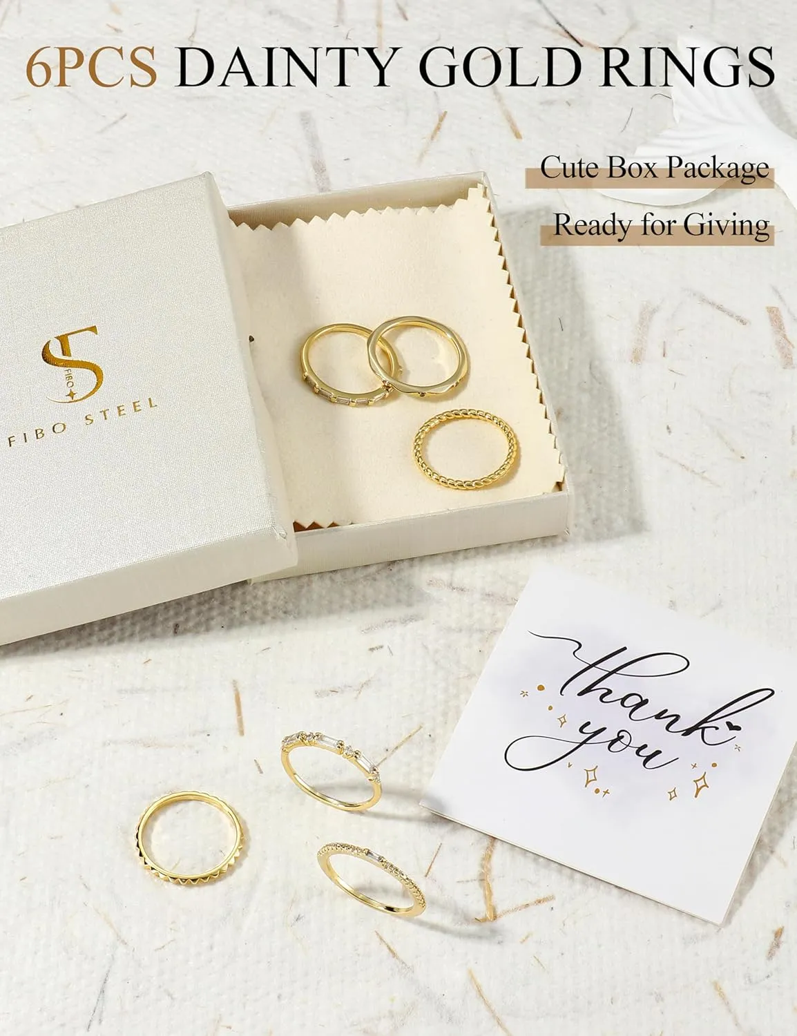 FIBO STEEL Gold Rings for Women Non Tarnish Dainty Stackable Ring Set Cubic Zirconia Wedding Band Promise Bands for Her Women's Jewelry Size 5-10