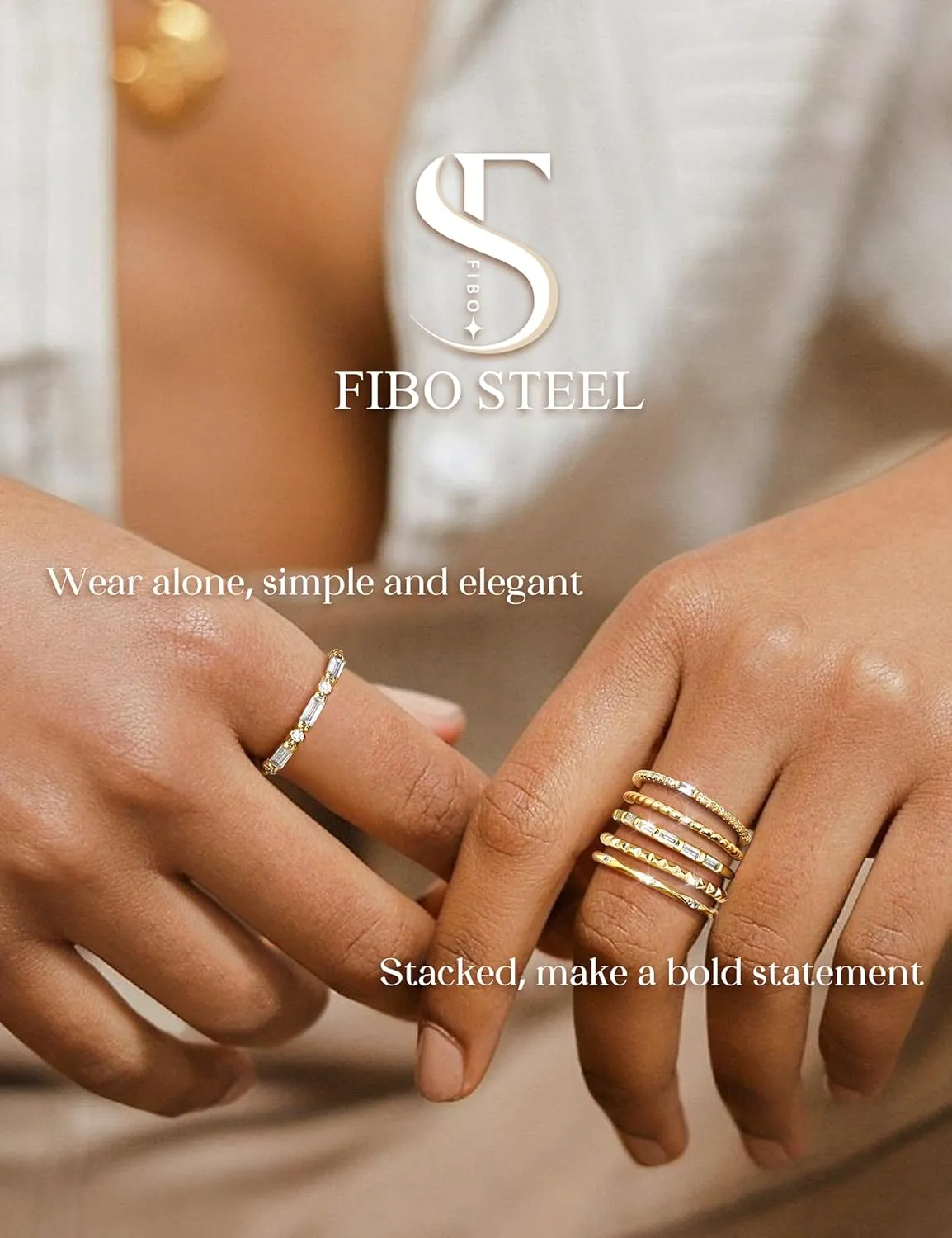 FIBO STEEL Gold Rings for Women Non Tarnish Dainty Stackable Ring Set Cubic Zirconia Wedding Band Promise Bands for Her Women's Jewelry Size 5-10