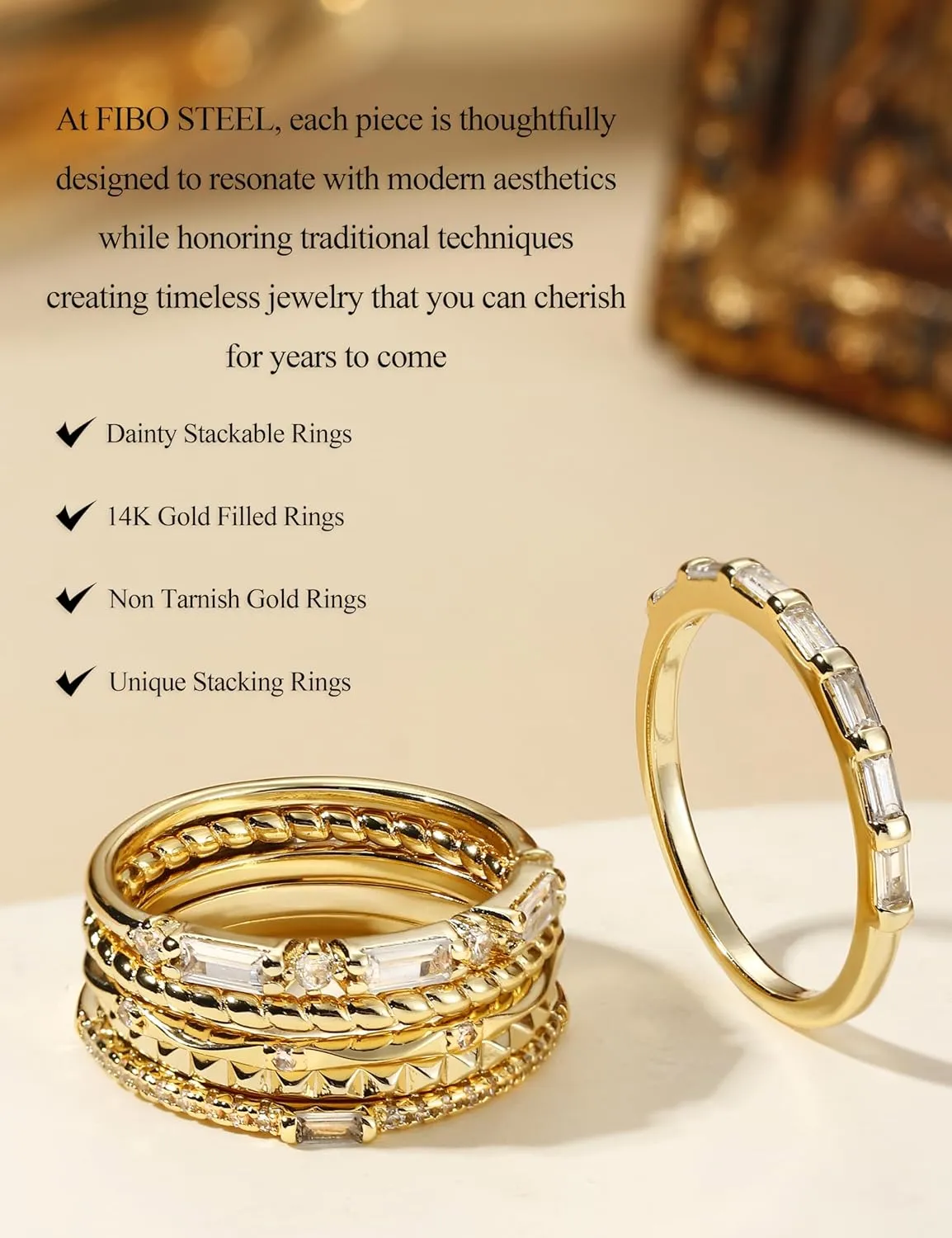 FIBO STEEL Gold Rings for Women Non Tarnish Dainty Stackable Ring Set Cubic Zirconia Wedding Band Promise Bands for Her Women's Jewelry Size 5-10