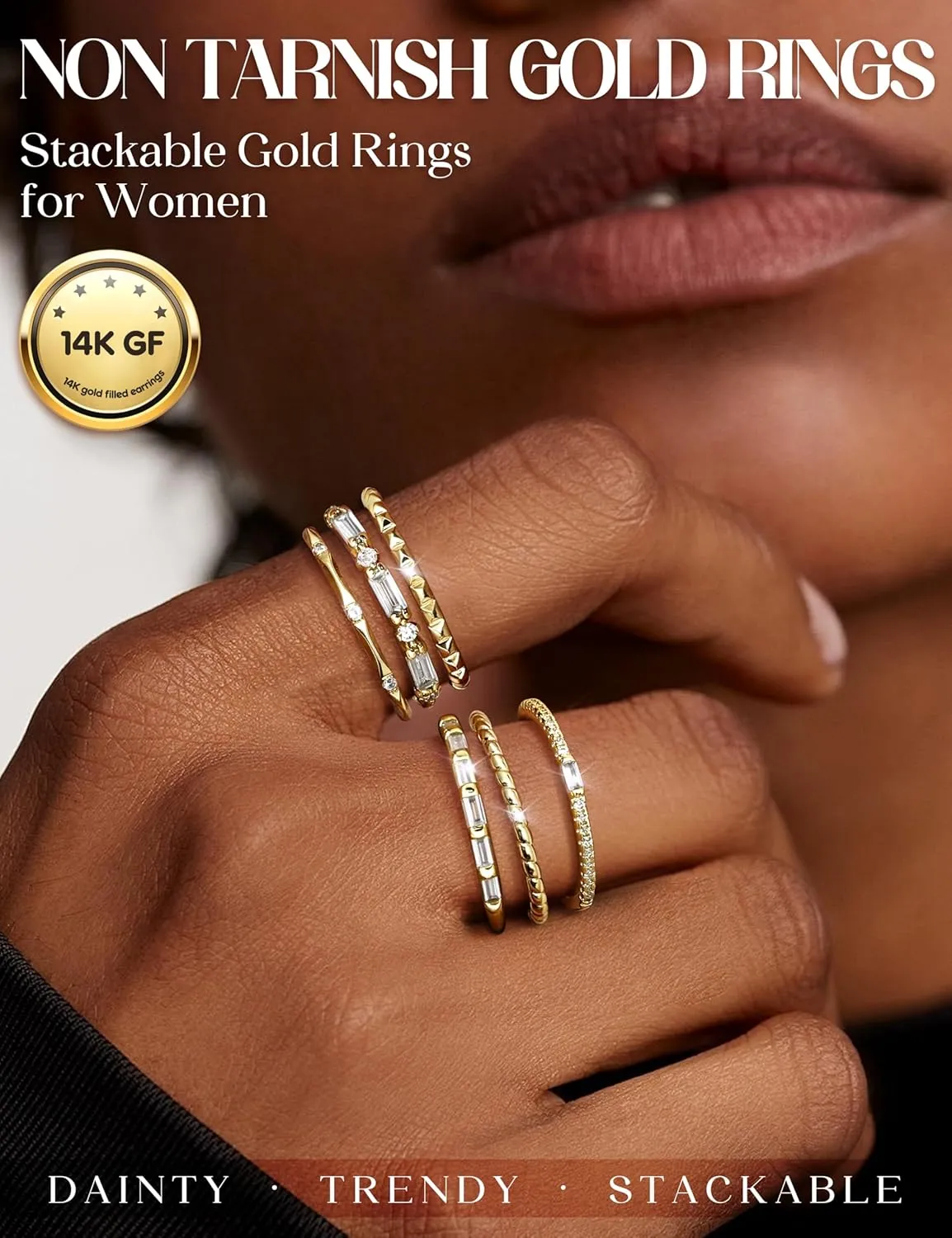FIBO STEEL Gold Rings for Women Non Tarnish Dainty Stackable Ring Set Cubic Zirconia Wedding Band Promise Bands for Her Women's Jewelry Size 5-10