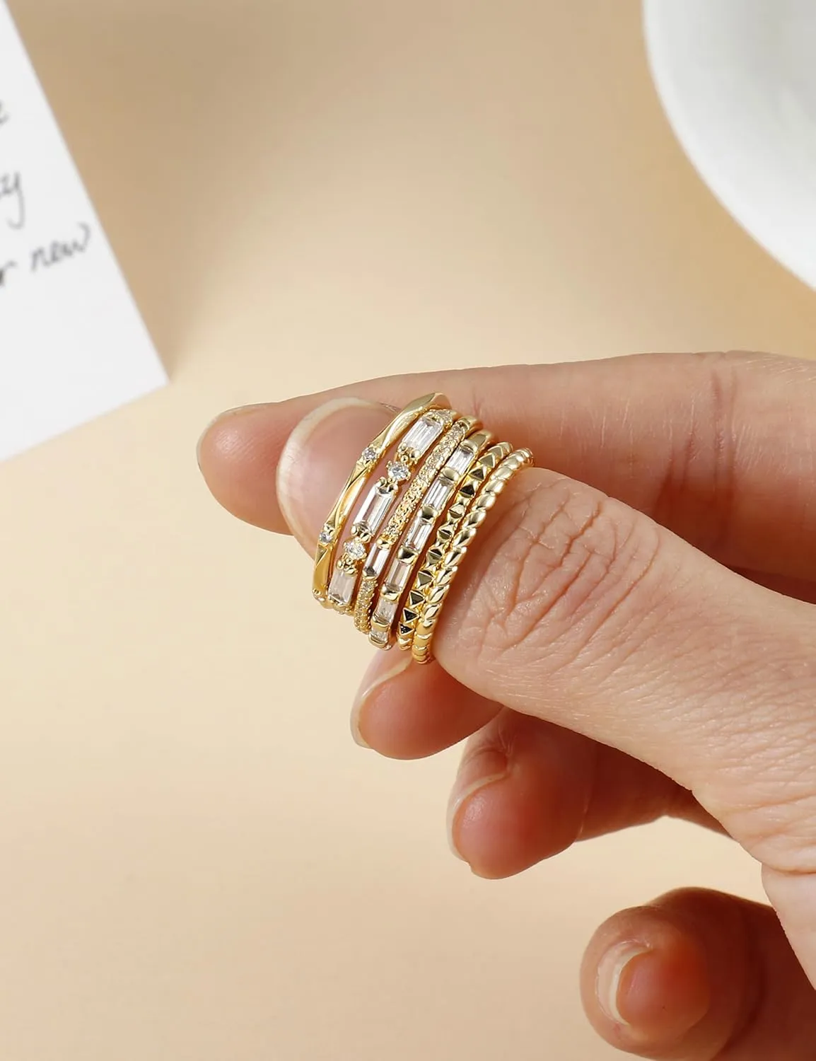 FIBO STEEL Gold Rings for Women Non Tarnish Dainty Stackable Ring Set Cubic Zirconia Wedding Band Promise Bands for Her Women's Jewelry Size 5-10