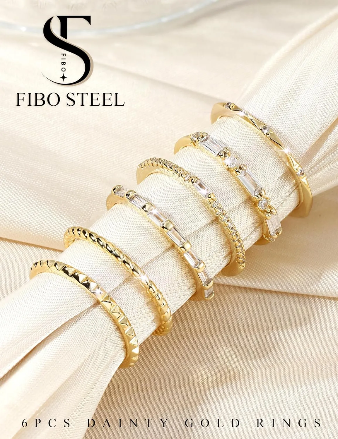 FIBO STEEL Gold Rings for Women Non Tarnish Dainty Stackable Ring Set Cubic Zirconia Wedding Band Promise Bands for Her Women's Jewelry Size 5-10