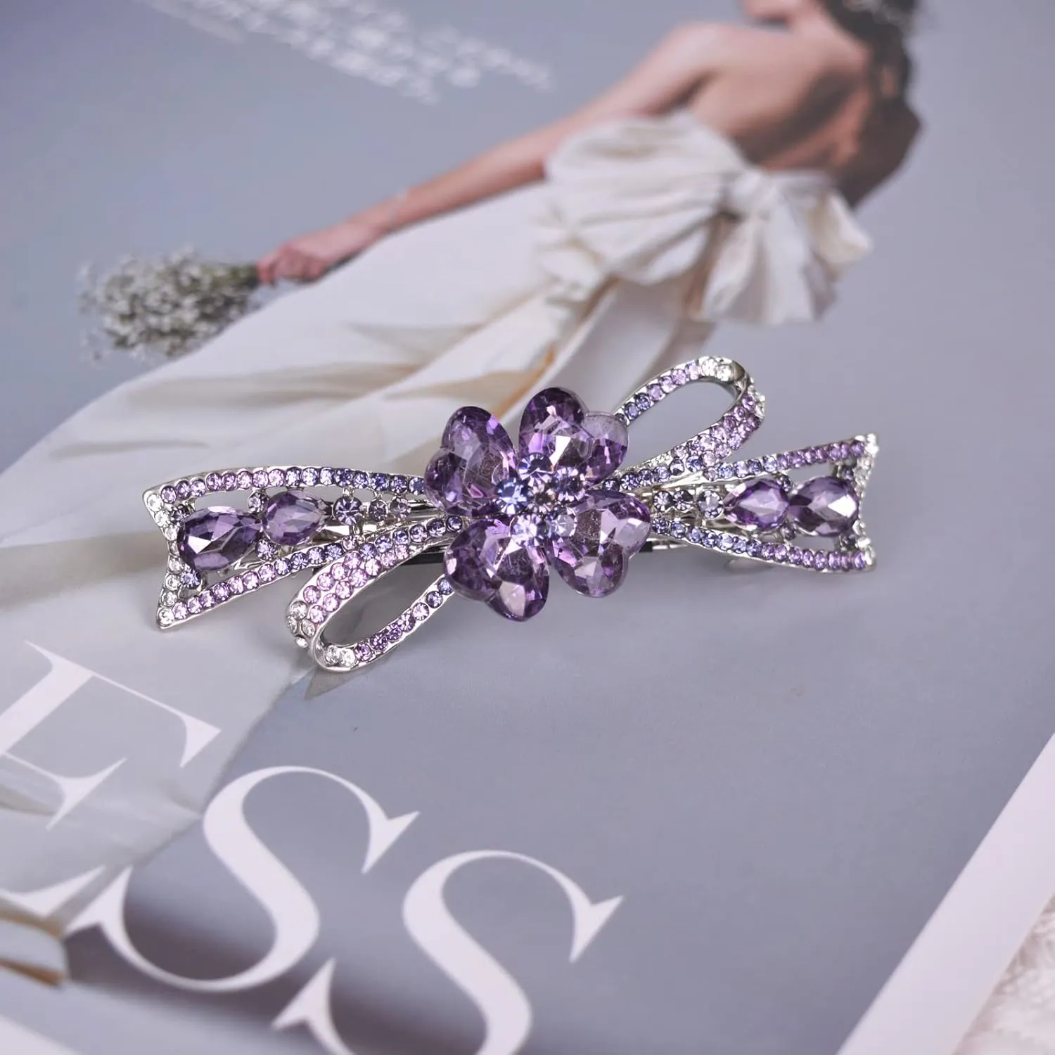 Flower Hairpin Rhinestone Hair Clips Hair Jewelry Barrettes for Women Gifts for Girls Fashion Hair Accessories for Wedding Party(Purple)