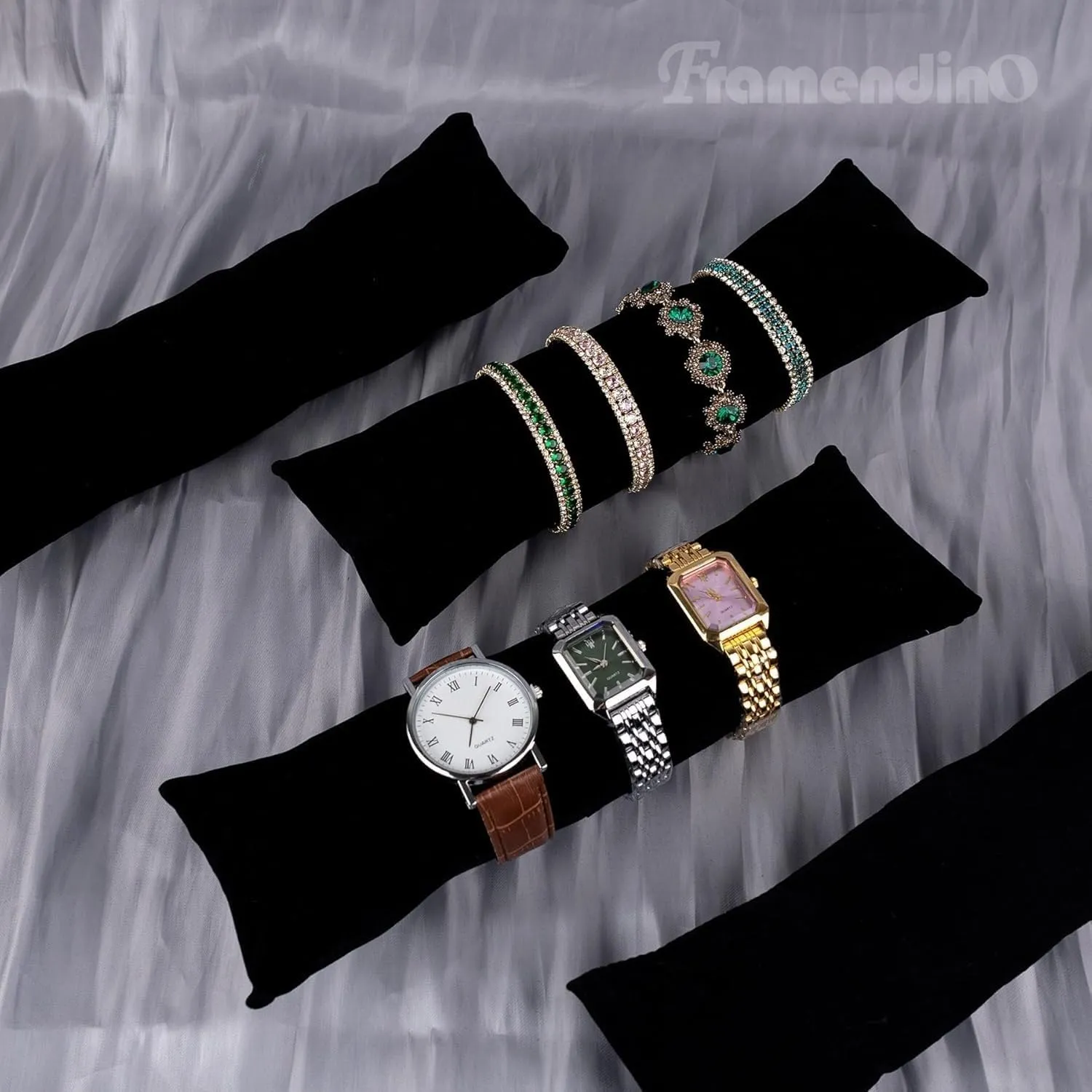 Framendino, 4 Pack Black Long Watch Display Pillows Velvet Bracelet Jewelry Pillow Bangle Holder Cushion for Show Organizer