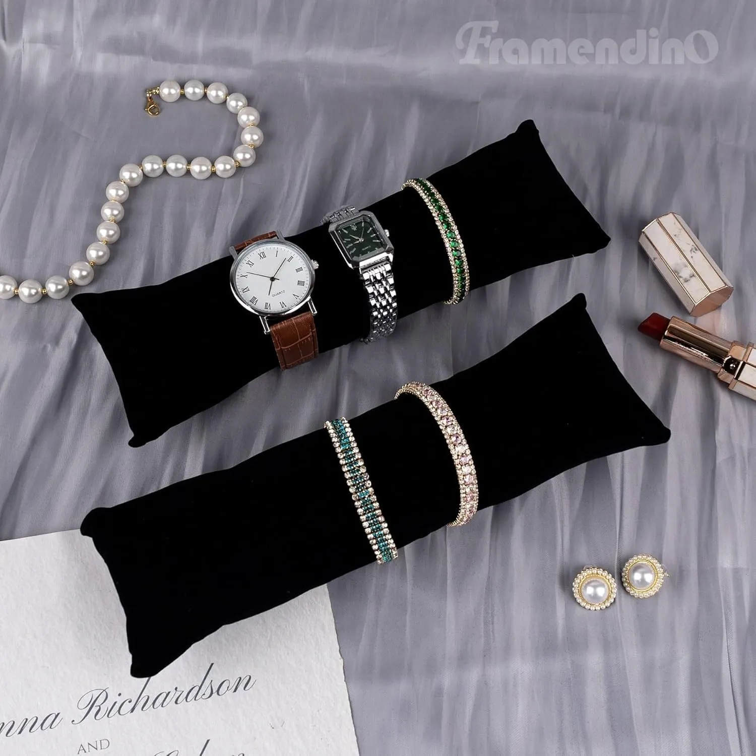 Framendino, 4 Pack Black Long Watch Display Pillows Velvet Bracelet Jewelry Pillow Bangle Holder Cushion for Show Organizer