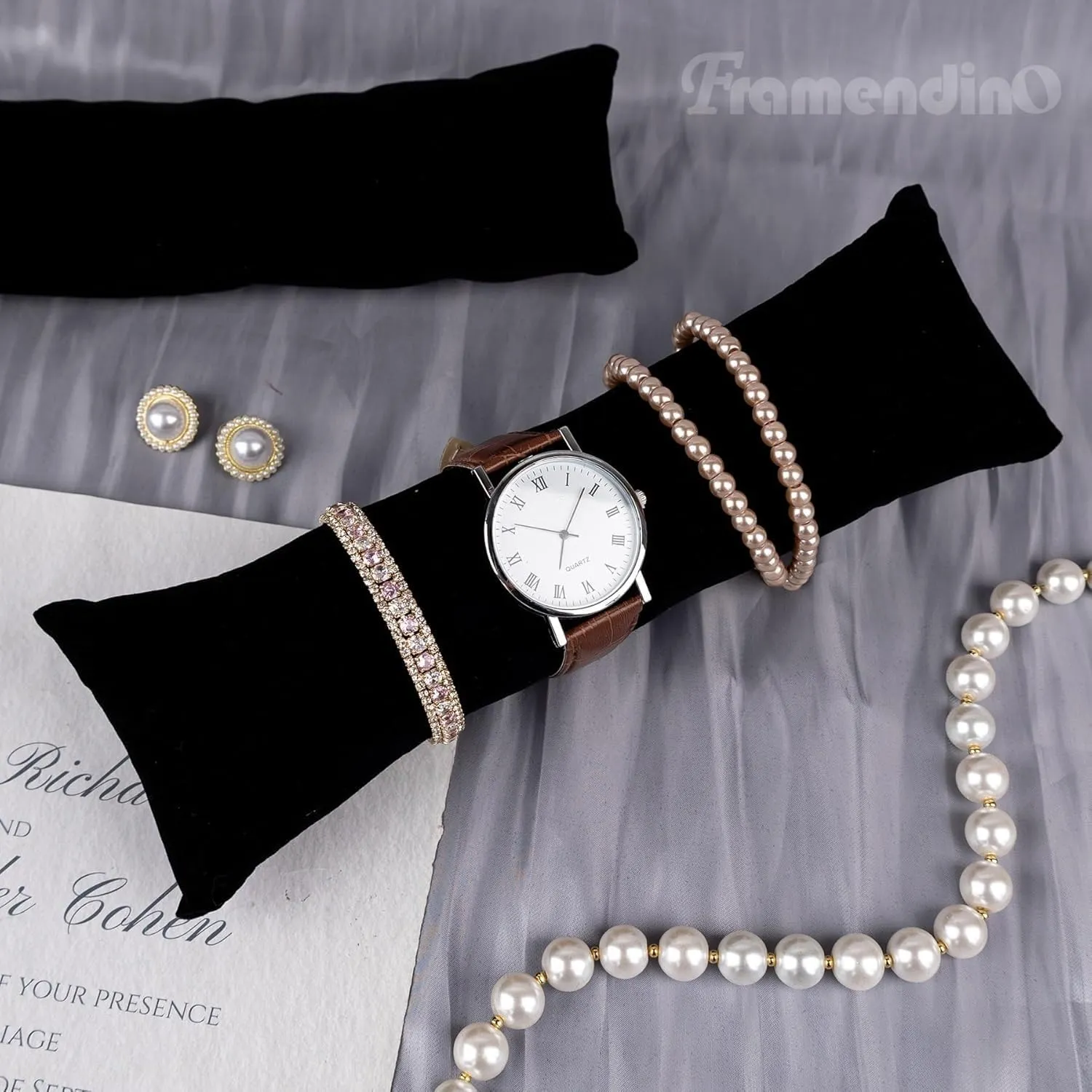Framendino, 4 Pack Black Long Watch Display Pillows Velvet Bracelet Jewelry Pillow Bangle Holder Cushion for Show Organizer