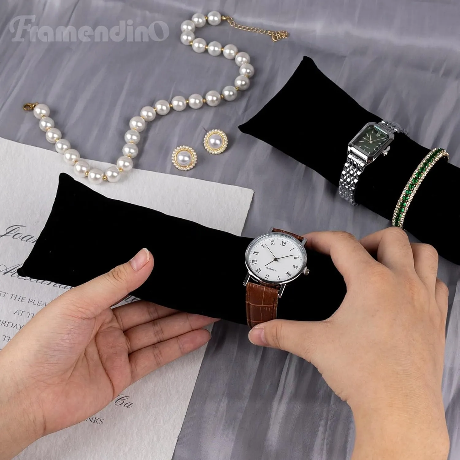 Framendino, 4 Pack Black Long Watch Display Pillows Velvet Bracelet Jewelry Pillow Bangle Holder Cushion for Show Organizer