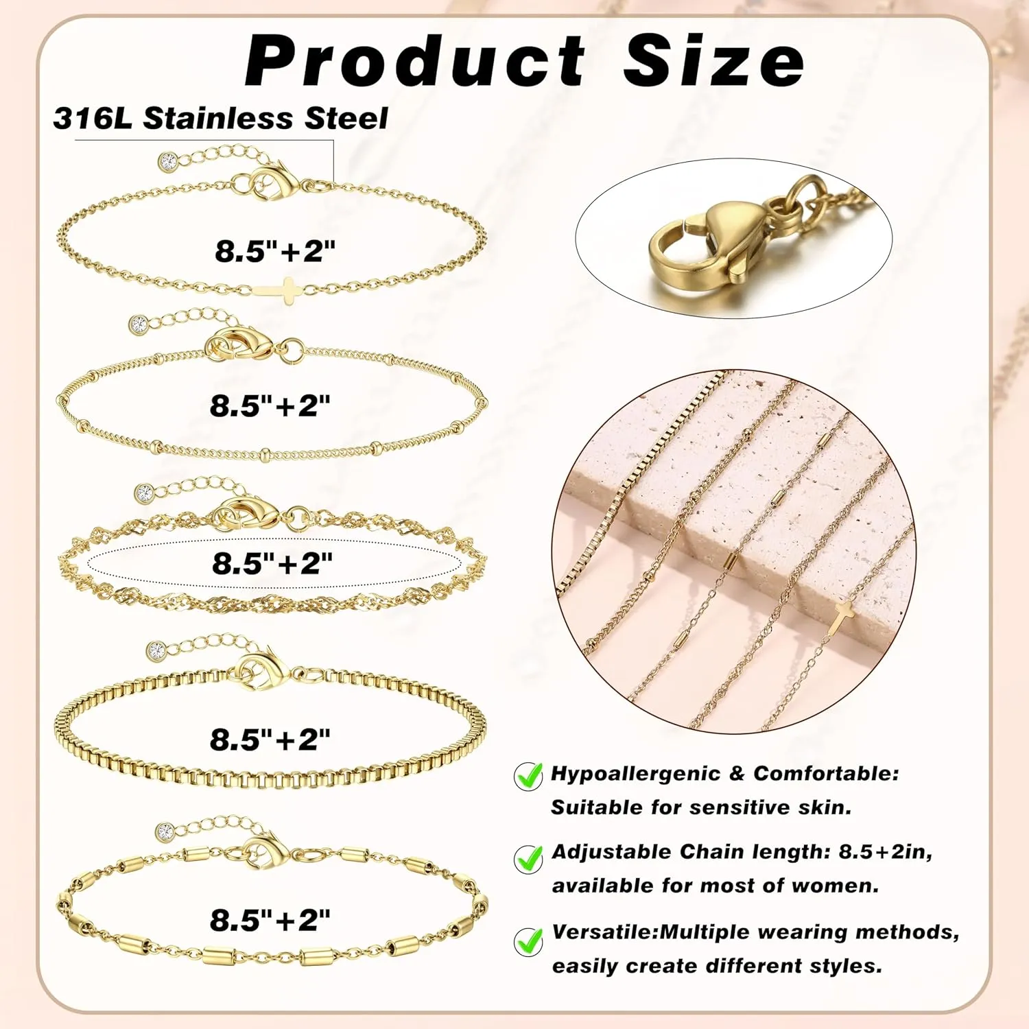 FUNRUN JEWELRY Gold Ankle Bracelets,14 k Gold Plated Waterproof Stainless Steel Cuban Link Chain Ankle Set Paperclip Figaro Layered Anklets Bracelets for Women Dainty Summer Beach Jewelry 5Pcs