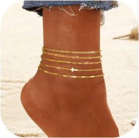 FUNRUN JEWELRY Gold Ankle Bracelets,14 k Gold Plated Waterproof Stainless Steel Cuban Link Chain Ankle Set Paperclip Figaro Layered Anklets Bracelets for Women Dainty Summer Beach Jewelry 5Pcs