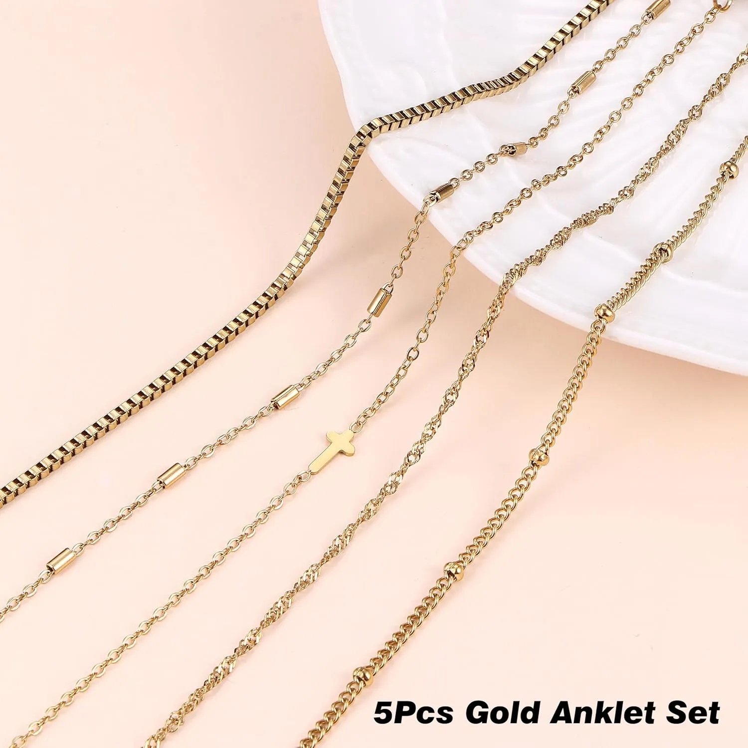 FUNRUN JEWELRY Gold Ankle Bracelets,14 k Gold Plated Waterproof Stainless Steel Cuban Link Chain Ankle Set Paperclip Figaro Layered Anklets Bracelets for Women Dainty Summer Beach Jewelry 5Pcs
