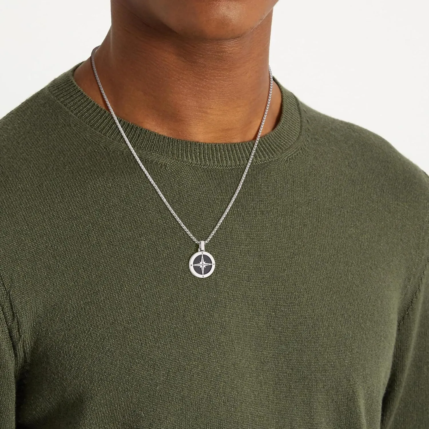 GAVU Men's Stainless Steel Compass Necklace, Crystal Beaded Necklace for Men